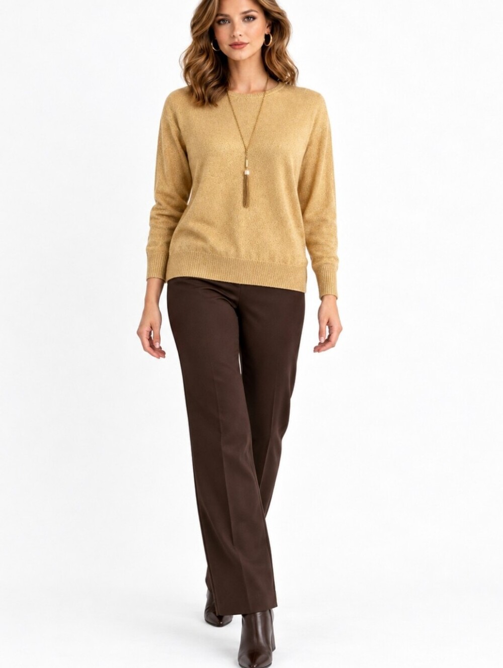 Magnolia Gold Metallic Crew Neck Sweater Shimmer Knit Long Sleeve Minimalist